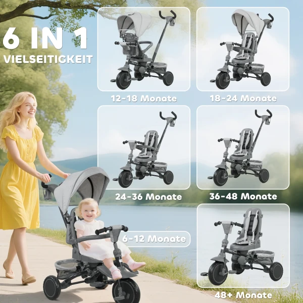 Aiyaplay kinderdriewieler, 6 in 1 buggy voor peuters, met duwstang, verstelbare zitting, opvouwbaar ontwerp, veiligheidsnet, grijs 5