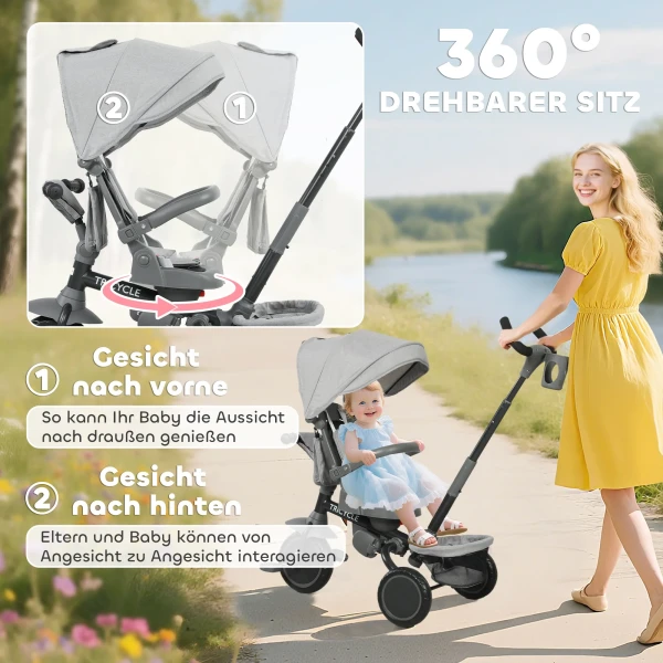 Aiyaplay kinderdriewieler, 6 in 1 buggy voor peuters, met duwstang, verstelbare zitting, opvouwbaar ontwerp, veiligheidsnet, grijs 6