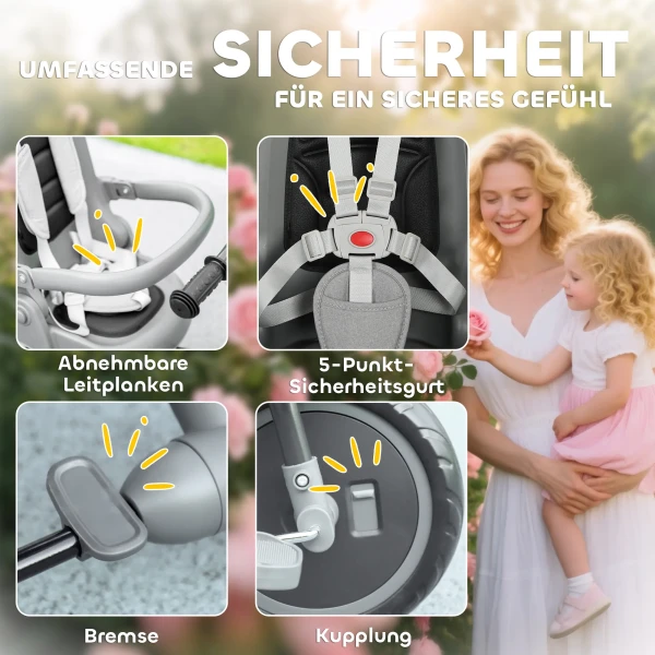 Aiyaplay kinderdriewieler, 6 in 1 buggy voor peuters, met duwstang, verstelbare zitting, opvouwbaar ontwerp, veiligheidsnet, grijs 8
