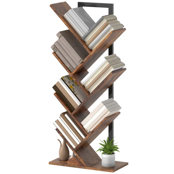 Boekenkast staand rek met 7 niveaus smal rek in boomvorm voor kantoor, rustiek bruin 1