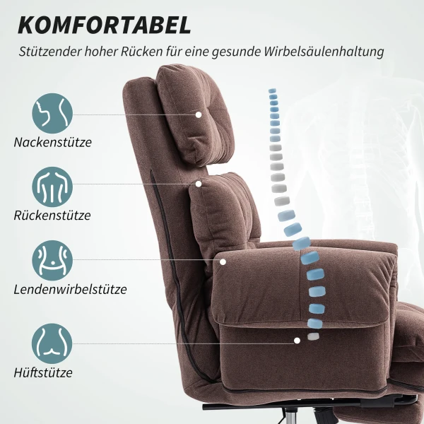 Bureaustoel met verstelbare rugleuning, rolbare gestoffeerde stoel, gestoffeerde fauteuil, in hoogte verstelbaar, staal, bruin 5