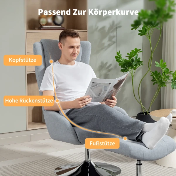 Draaibare gestoffeerde stoel met voetenbank, verstelbaar, gestoffeerde fauteuil met armleuningen, voor woonkamer, slaapkamer, grijs 5