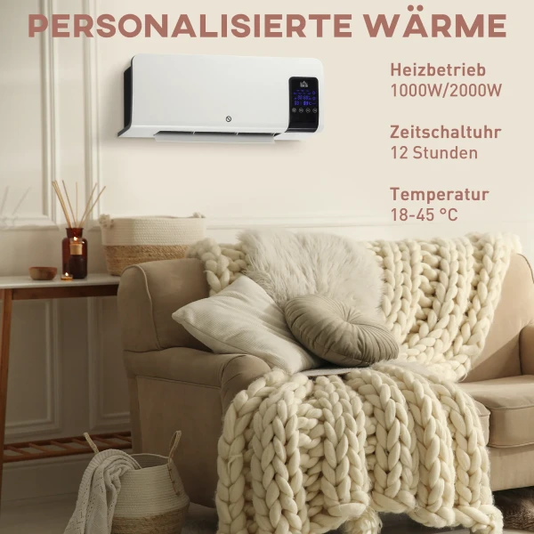 Elektrische verwarming, wandmontage, schommelfunctie, 2 modi, timer, led display, wit 5