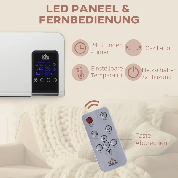 Elektrische verwarming, wandmontage, schommelfunctie, 2 modi, timer, led display, wit 6
