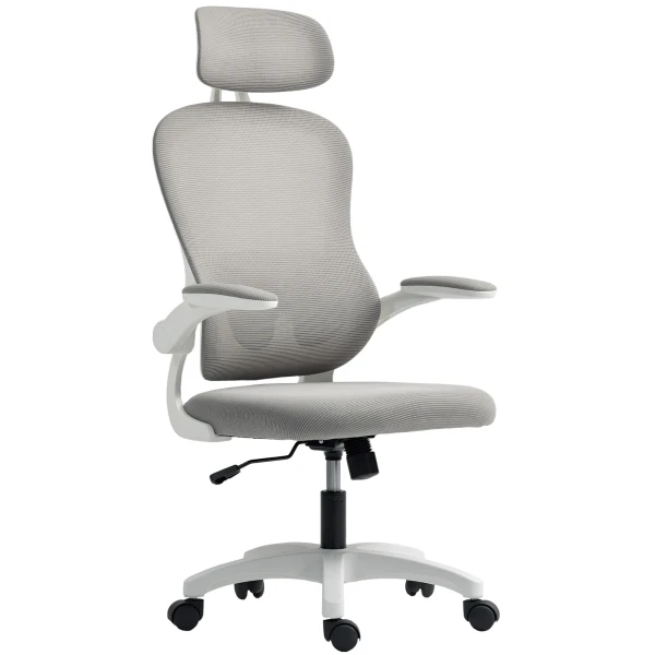Ergonomische bureaustoel met netstof rugleuning, in hoogte verstelbaar, inklapbare armleuningen, 5 wielen, kantelfunctie, grijs 1