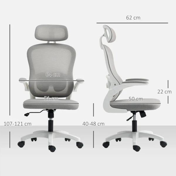 Ergonomische bureaustoel met netstof rugleuning, in hoogte verstelbaar, inklapbare armleuningen, 5 wielen, kantelfunctie, grijs 4