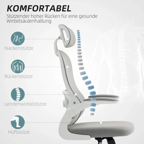 Ergonomische bureaustoel met netstof rugleuning, in hoogte verstelbaar, inklapbare armleuningen, 5 wielen, kantelfunctie, grijs 5