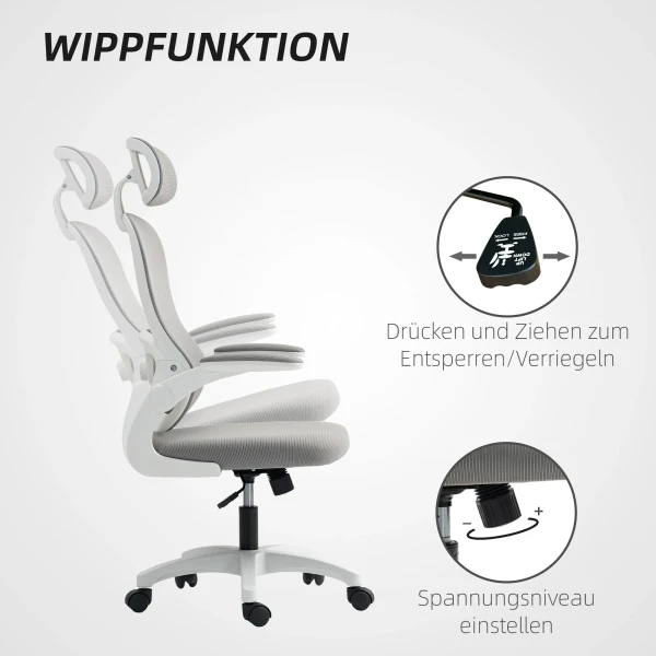 Ergonomische bureaustoel met netstof rugleuning, in hoogte verstelbaar, inklapbare armleuningen, 5 wielen, kantelfunctie, grijs 8