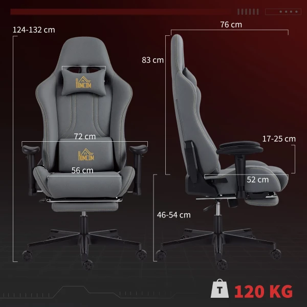 Ergonomische gaming stoel met 3d armleuningen, verstelbaar, rolbare bureaustoel met lendensteun, grijs 4