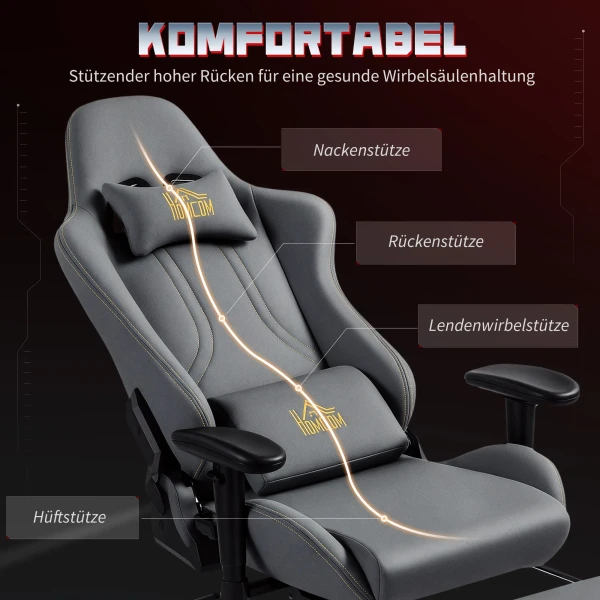 Ergonomische gaming stoel met 3d armleuningen, verstelbaar, rolbare bureaustoel met lendensteun, grijs 5