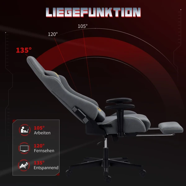 Ergonomische gaming stoel met 3d armleuningen, verstelbaar, rolbare bureaustoel met lendensteun, grijs 8