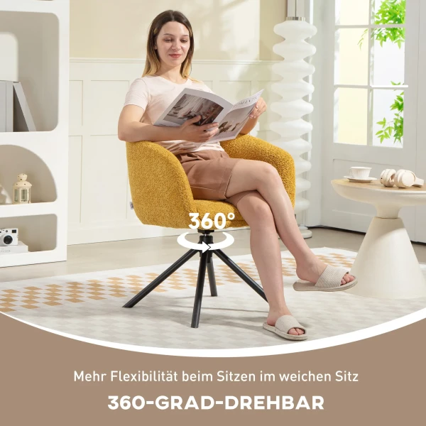 Fauteuil, gestoffeerde stoel met comfortabele zitschaal, draaibaar, knusse bekleding, tot 120 kg, geel 5