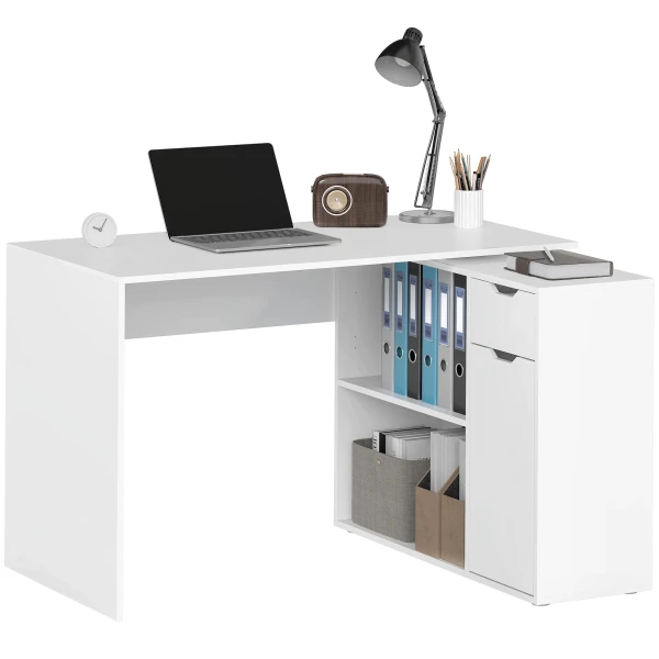 Flexibele bureau, 2 laags kast, lade, open vakken, hout, wit 1