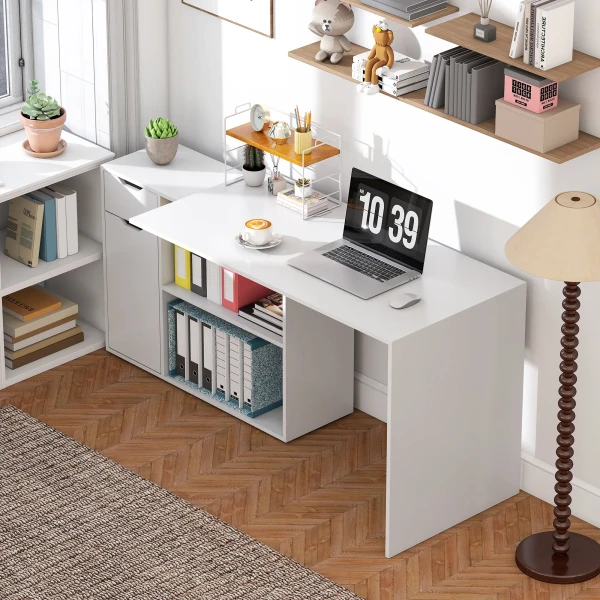 Flexibele bureau, 2 laags kast, lade, open vakken, hout, wit 10
