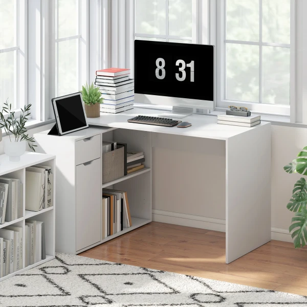 Flexibele bureau, 2 laags kast, lade, open vakken, hout, wit 2