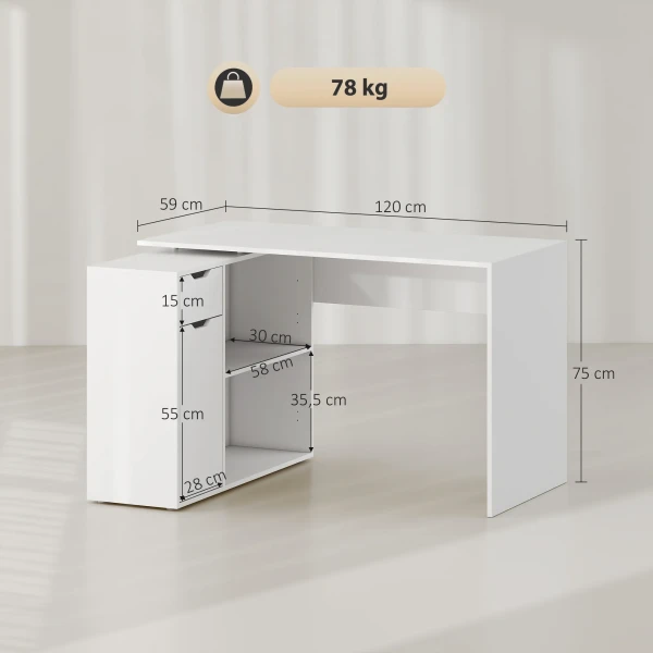 Flexibele bureau, 2 laags kast, lade, open vakken, hout, wit 4