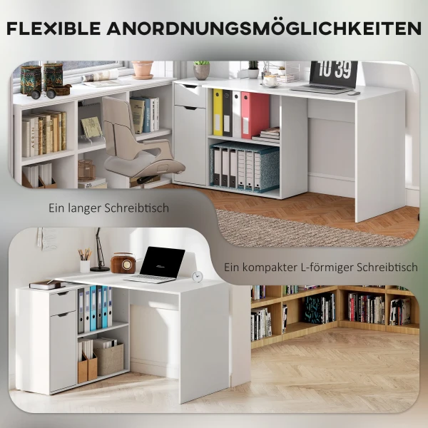 Flexibele bureau, 2 laags kast, lade, open vakken, hout, wit 6