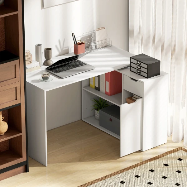 Flexibele bureau, 2 laags kast, lade, open vakken, hout, wit 7