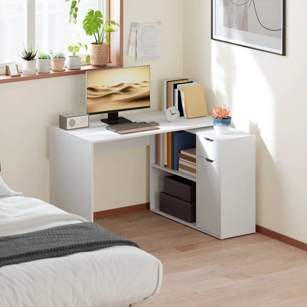 Flexibele bureau, 2 laags kast, lade, open vakken, hout, wit 8
