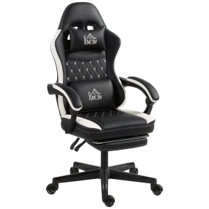 Gaming stoel met voetensteun, computerstoel met hoofdsteun & kussen, kunstlederen bekleding, draaibaar, in hoogte verstelbaar, metaal, kunststof, zwart+wit 1