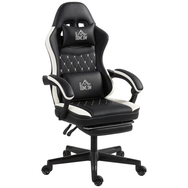 Gaming stoel met voetensteun, computerstoel met hoofdsteun & kussen, kunstlederen bekleding, draaibaar, in hoogte verstelbaar, metaal, kunststof, zwart+wit 1