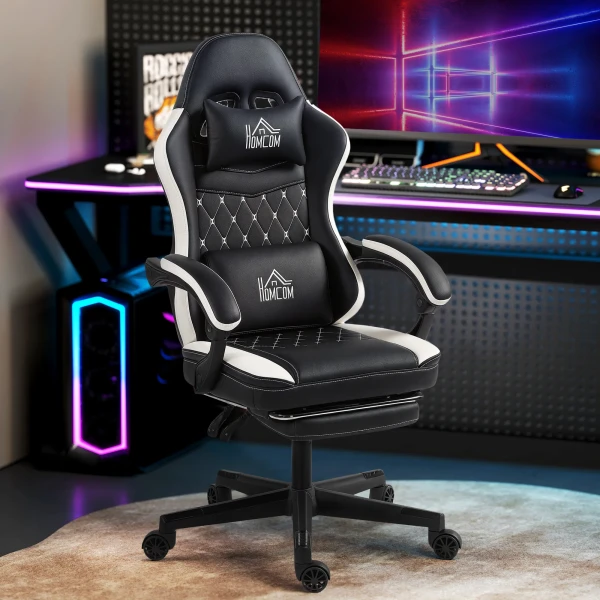 Gaming stoel met voetensteun, computerstoel met hoofdsteun & kussen, kunstlederen bekleding, draaibaar, in hoogte verstelbaar, metaal, kunststof, zwart+wit 2