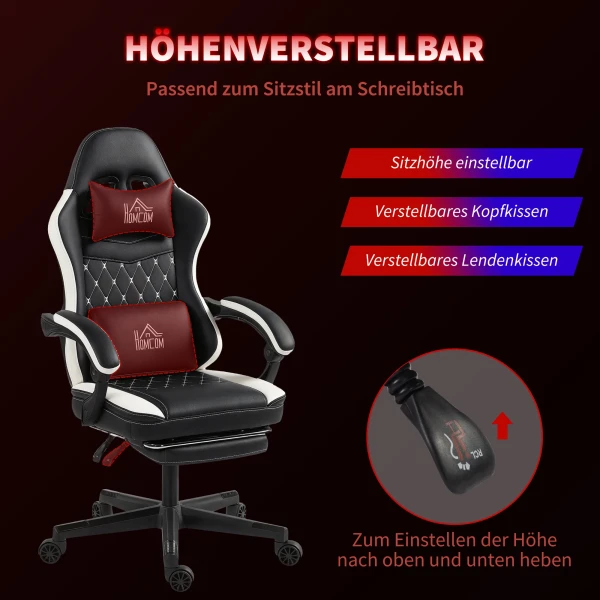 Gaming stoel met voetensteun, computerstoel met hoofdsteun & kussen, kunstlederen bekleding, draaibaar, in hoogte verstelbaar, metaal, kunststof, zwart+wit 5