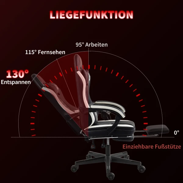 Gaming stoel met voetensteun, computerstoel met hoofdsteun & kussen, kunstlederen bekleding, draaibaar, in hoogte verstelbaar, metaal, kunststof, zwart+wit 6