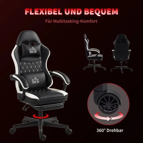 Gaming stoel met voetensteun, computerstoel met hoofdsteun & kussen, kunstlederen bekleding, draaibaar, in hoogte verstelbaar, metaal, kunststof, zwart+wit 7