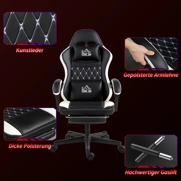 Gaming stoel met voetensteun, computerstoel met hoofdsteun & kussen, kunstlederen bekleding, draaibaar, in hoogte verstelbaar, metaal, kunststof, zwart+wit 8