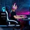 Gaming stoel met voetensteun, computerstoel met hoofdsteun & kussen, kunstlederen bekleding, draaibaar, in hoogte verstelbaar, metaal, kunststof, zwart+wit 9