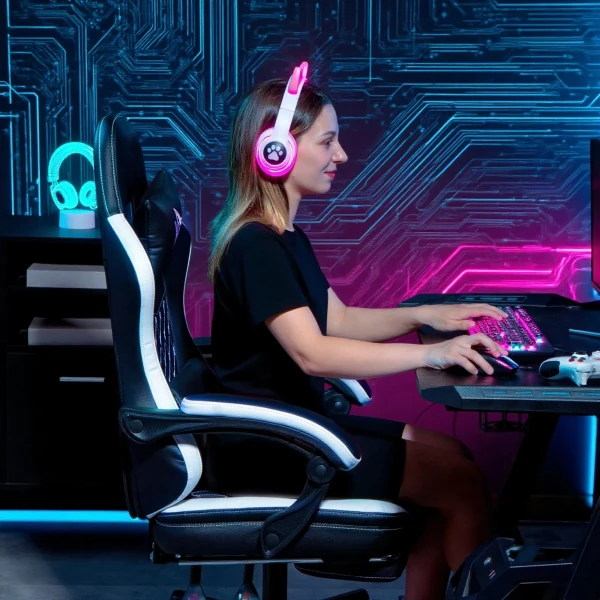 Gaming stoel met voetensteun, computerstoel met hoofdsteun & kussen, kunstlederen bekleding, draaibaar, in hoogte verstelbaar, metaal, kunststof, zwart+wit 9