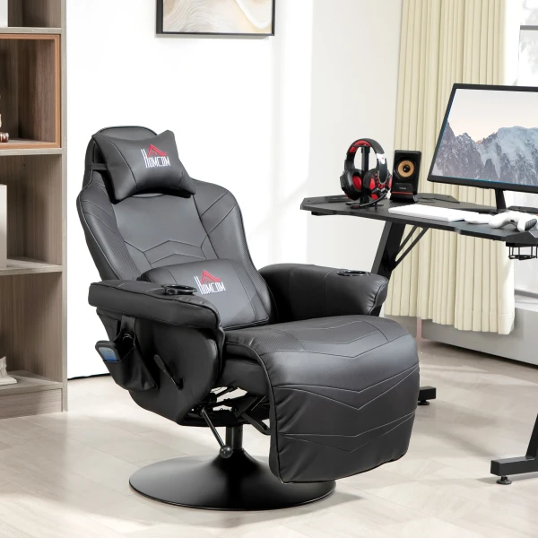 Gamingstoel, massagefunctie, kantelbare rugleuning, voetensteun, tot 120 kg, stalen frame, kunstleer, zwart 2