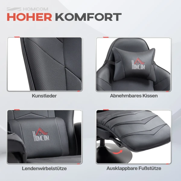 Gamingstoel, massagefunctie, kantelbare rugleuning, voetensteun, tot 120 kg, stalen frame, kunstleer, zwart 7