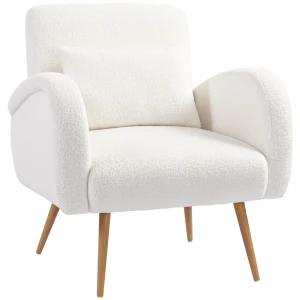 Gestoffeerde fauteuil, fleece bekleding, gepolsterde armstoel met lendenkussen, metalen poten, leesstoel, crèmewit 1