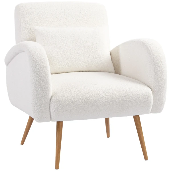 Gestoffeerde fauteuil, fleece bekleding, gepolsterde armstoel met lendenkussen, metalen poten, leesstoel, crèmewit 1
