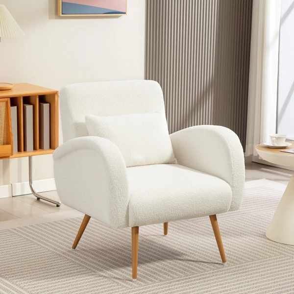 Gestoffeerde fauteuil, fleece bekleding, gepolsterde armstoel met lendenkussen, metalen poten, leesstoel, crèmewit 2
