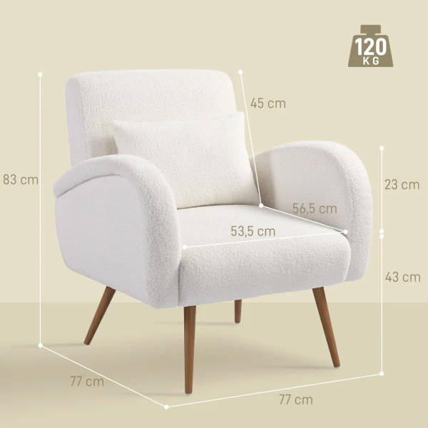 Gestoffeerde fauteuil, fleece bekleding, gepolsterde armstoel met lendenkussen, metalen poten, leesstoel, crèmewit 4
