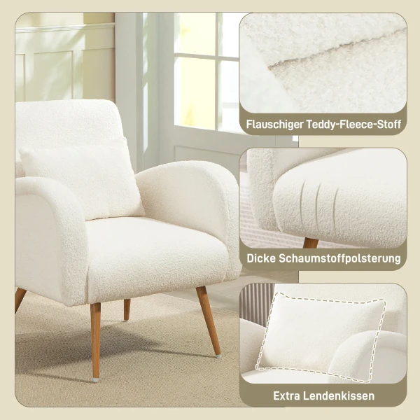 Gestoffeerde fauteuil, fleece bekleding, gepolsterde armstoel met lendenkussen, metalen poten, leesstoel, crèmewit 5
