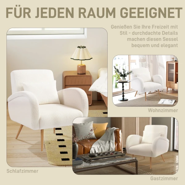 Gestoffeerde fauteuil, fleece bekleding, gepolsterde armstoel met lendenkussen, metalen poten, leesstoel, crèmewit 7