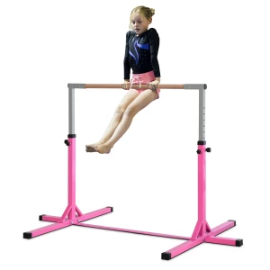 Gymnastiek turnrek, 13 traps in hoogte verstelbaar rekstang, rek turnstang gemaakt van hout & stabiele staalconstructie tot 75 kg belastbaar, voor kinderen van 3+ jaar, indoor, outdoor, roze 1