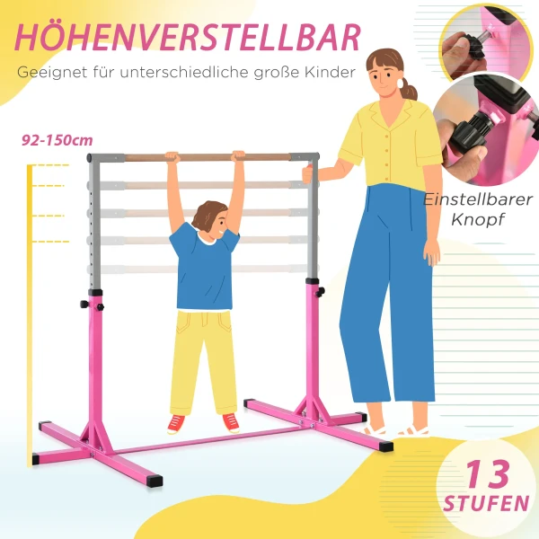 Gymnastiek turnrek, 13 traps in hoogte verstelbaar rekstang, rek turnstang gemaakt van hout & stabiele staalconstructie tot 75 kg belastbaar, voor kinderen van 3+ jaar, indoor, outdoor, roze 5
