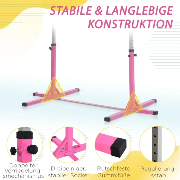 Gymnastiek turnrek, 13 traps in hoogte verstelbaar rekstang, rek turnstang gemaakt van hout & stabiele staalconstructie tot 75 kg belastbaar, voor kinderen van 3+ jaar, indoor, outdoor, roze 7