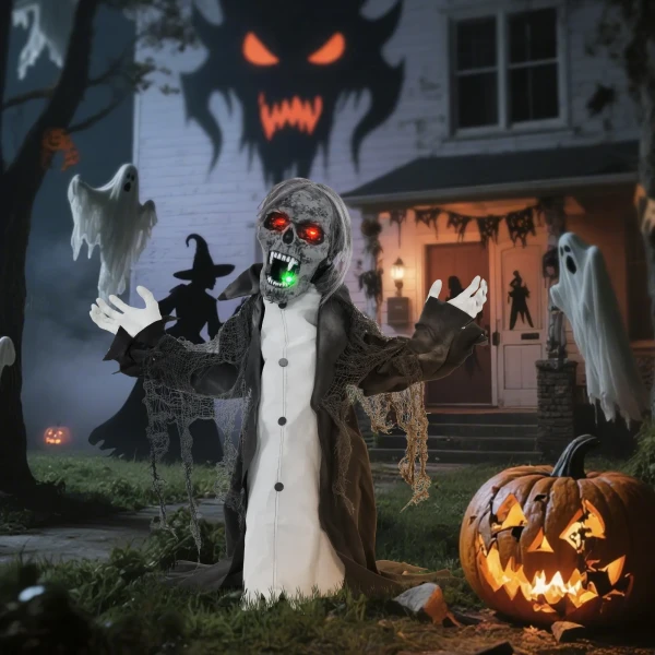 Halloween decoratie, skelet/zombie, beweegbaar, bewegingssensor, leds & geluiden, 75 cm 9