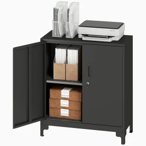 Kantoorkast van metaal, afsluitbare deuren, kantoor dressoir, 2 laags ontwerp, zwart 1