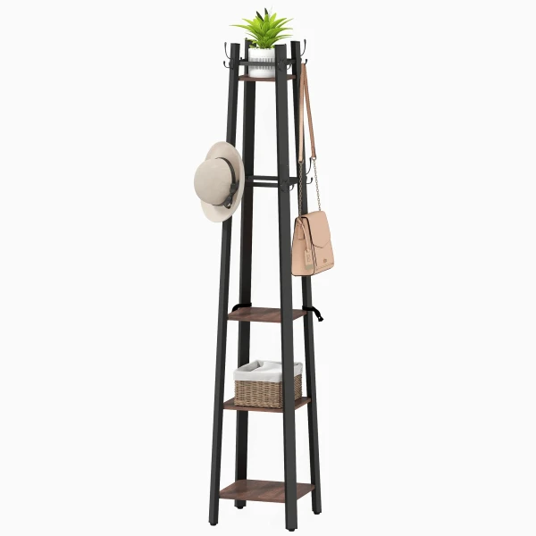 Kapstokstandaard met 4 niveaus, vrijstaande kledingrek, 8 haken, 4 planken, industriële stijl, metaal, spaanplaat, bruin 1