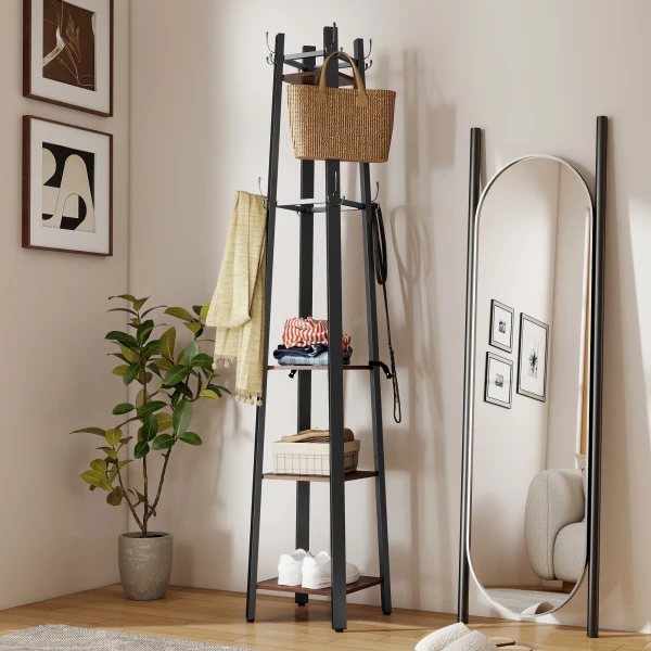 Kapstokstandaard met 4 niveaus, vrijstaande kledingrek, 8 haken, 4 planken, industriële stijl, metaal, spaanplaat, bruin 10