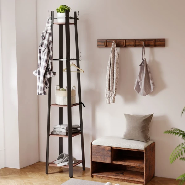Kapstokstandaard met 4 niveaus, vrijstaande kledingrek, 8 haken, 4 planken, industriële stijl, metaal, spaanplaat, bruin 2