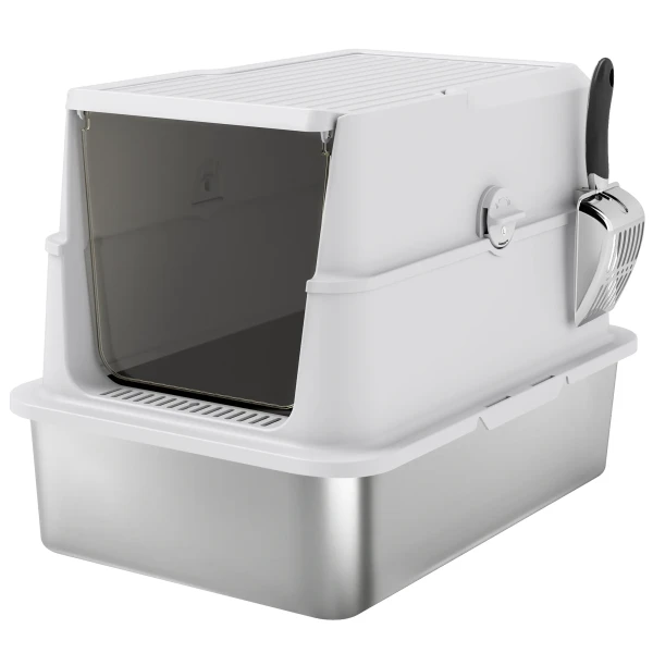 Kattenbak, roestvrij staal, xl binnenruimte, met schep, lichtgrijs 1