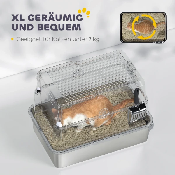 Kattenbak, roestvrij staal, xl binnenruimte, met schep, lichtgrijs 6